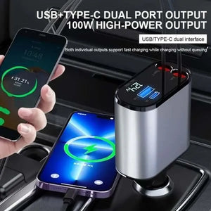 차량 안에서 USB와 Type-C 포트로 스마트폰 2대를 충전하는 100W 4-in-1 차량용 충전기