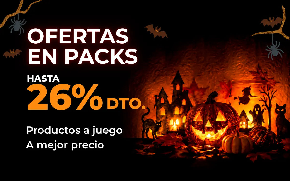 Ofertas de Halloween en packs: hasta un 26 % de descuento en productos a juego, con calabazas iluminadas y un castillo encantado.
