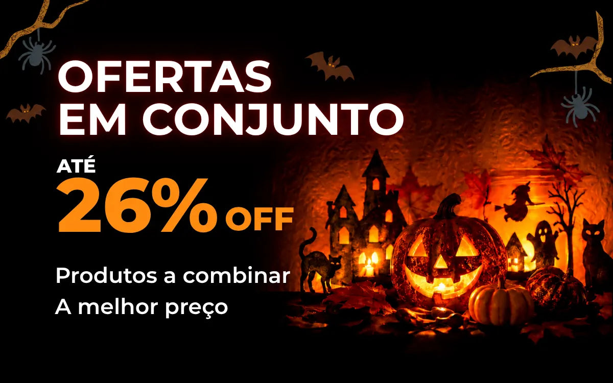 Ofertas de Halloween em conjuntos: até 26% de desconto em produtos que combinam, com abóboras iluminadas e um castelo assombrado.