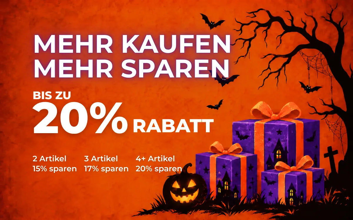 Halloween-Mengenrabatt: 15 % beim Kauf von 2 Artikeln, 17 % bei 3 und 20 % ab 4 Artikeln, mit violetten Geschenkboxen.