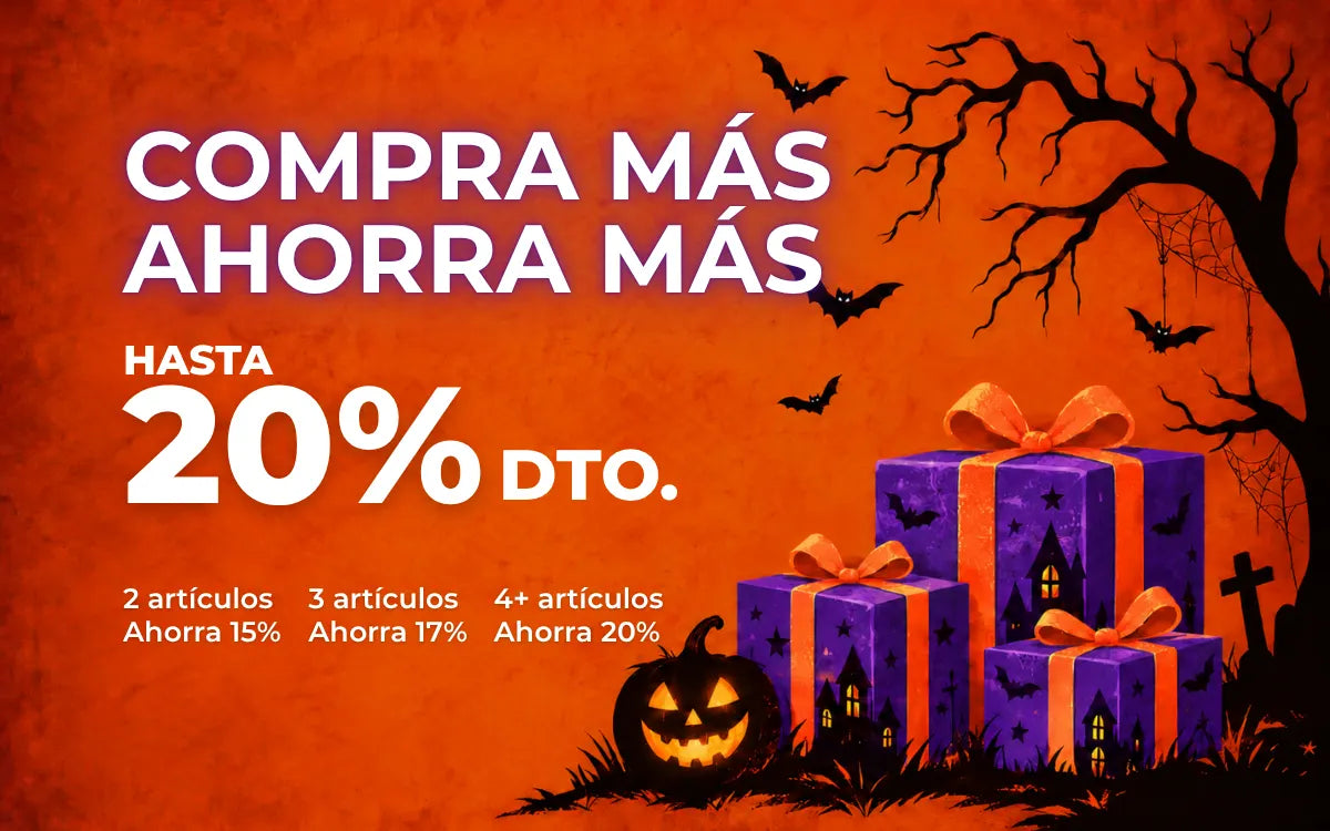 Oferta de Halloween: compra 2 artículos y ahorra un 15 %, 3 y ahorra un 17 %, o 4 o más y ahorra un 20 %, con cajas de regalo moradas.