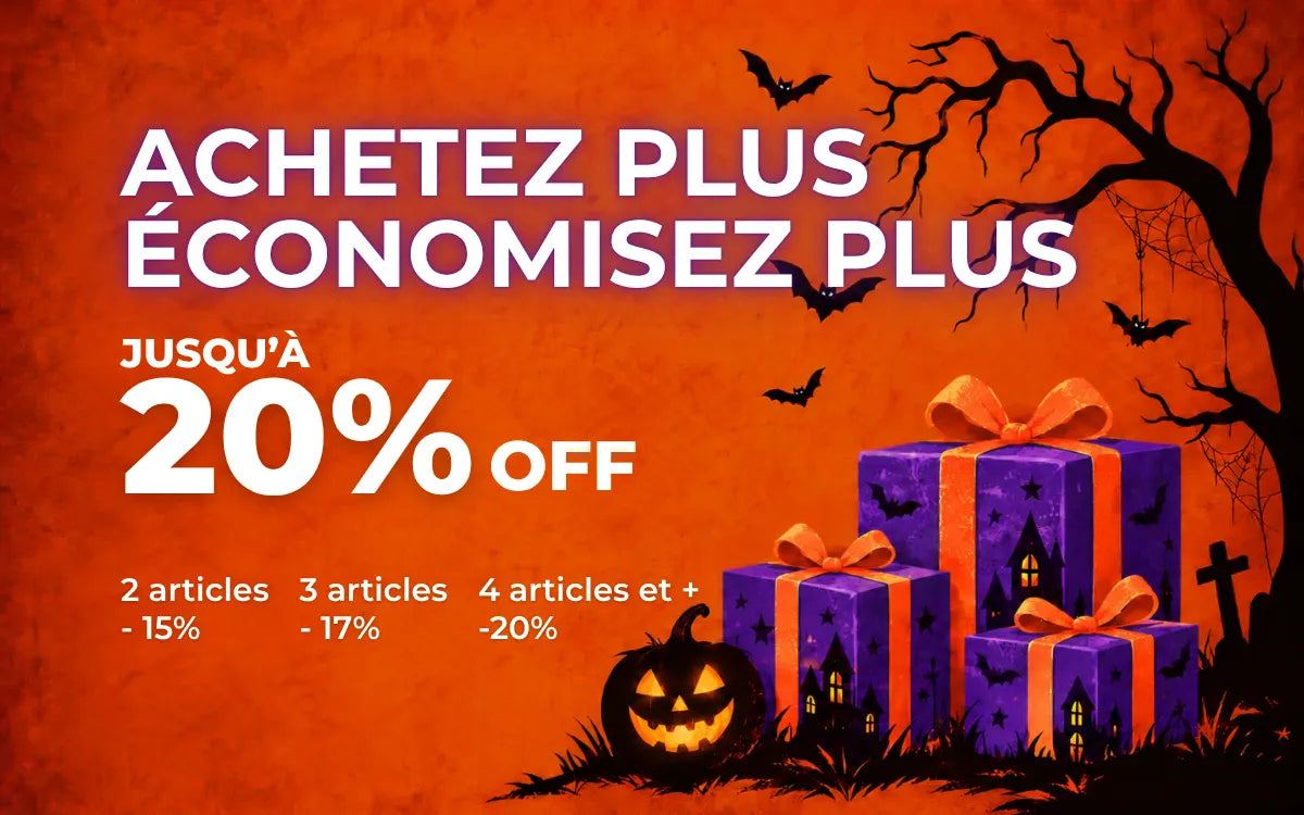 Offre Halloween : 15 % de réduction pour 2 articles, 17 % pour 3 et 20 % dès 4 articles, avec des boîtes cadeaux violettes.