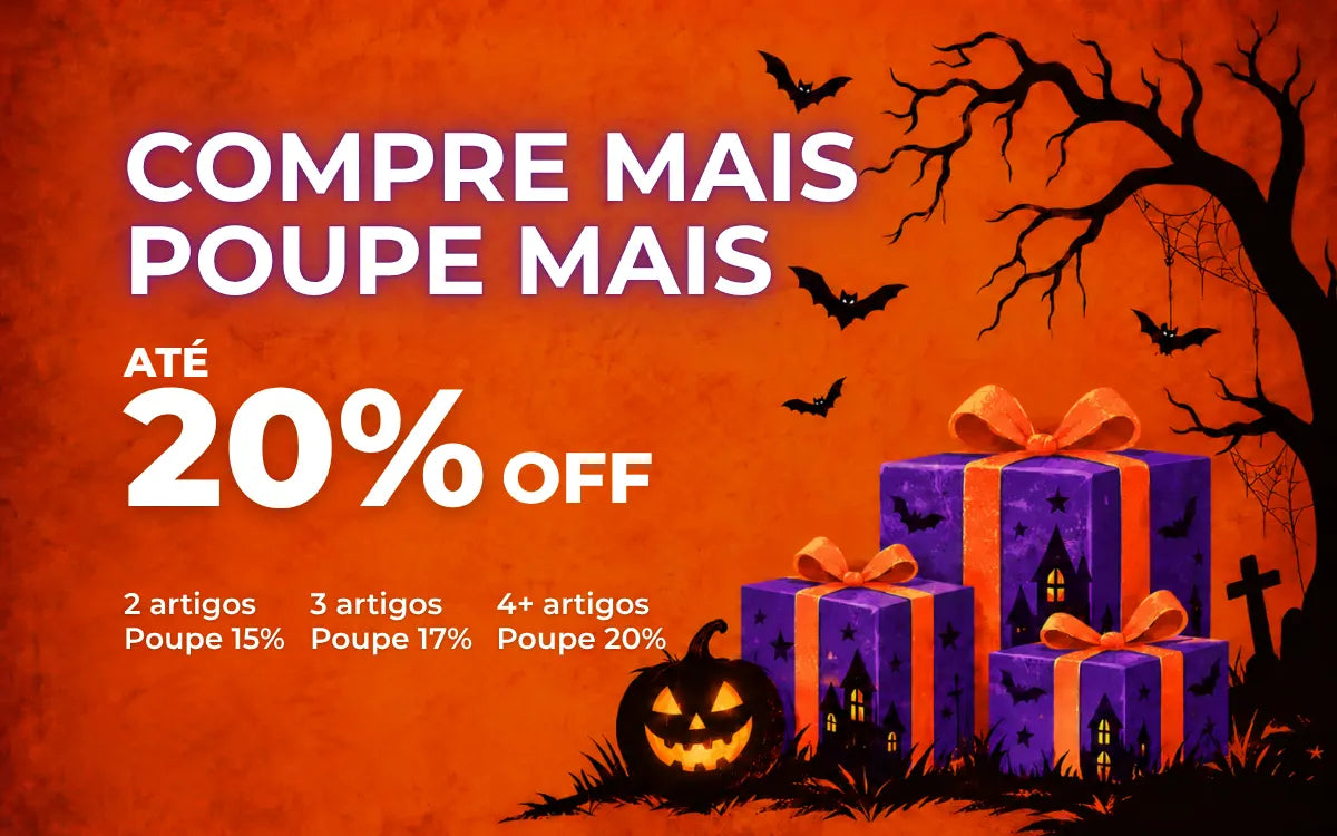 Oferta de Halloween: compre 2 itens e economize 15%, 3 e economize 17%, ou 4 ou mais e economize 20%, com caixas de presente roxas.