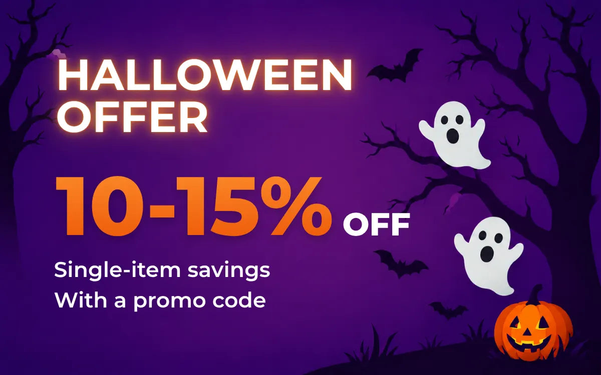 Halloween single-item offer: save 10–15% with a promo code, with white ghosts and a jack-o’-lantern on a purple background.