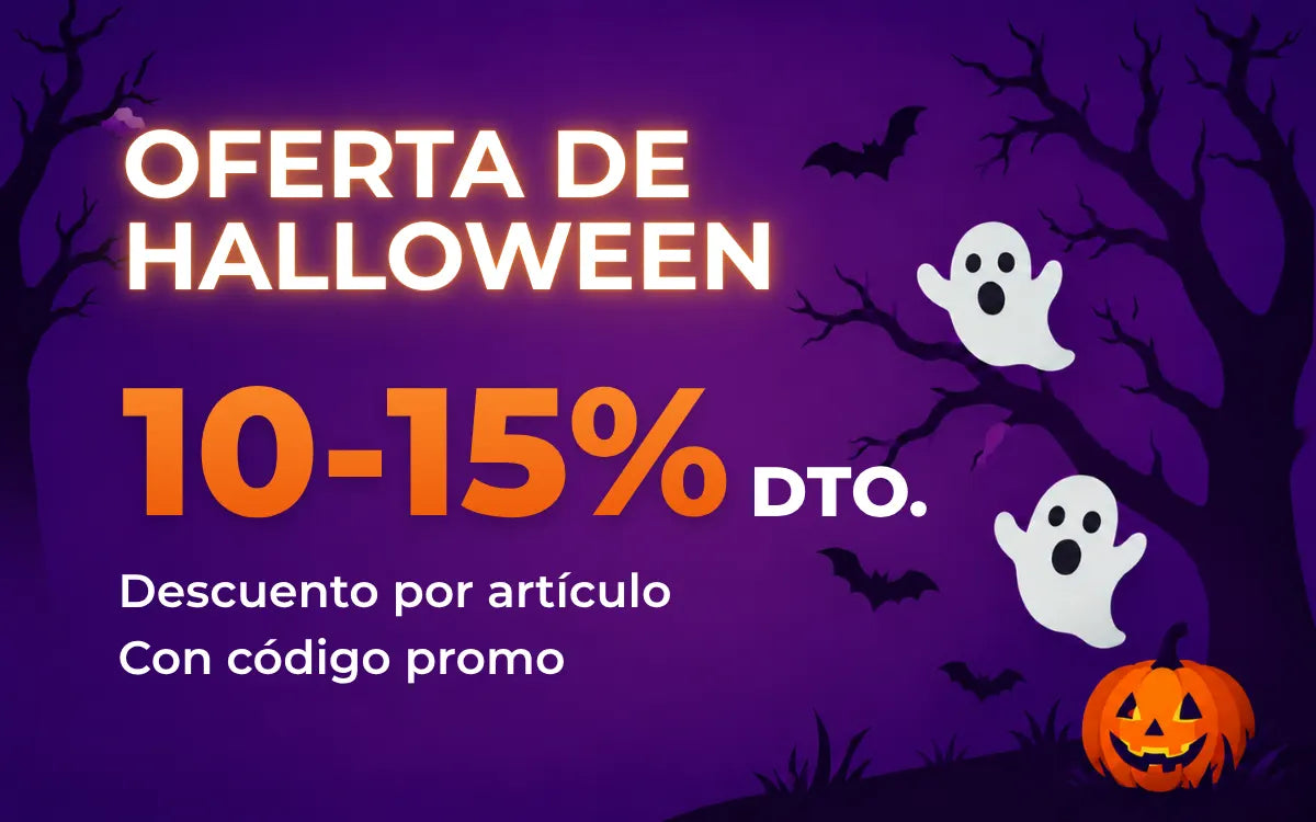 Oferta de Halloween: del 10 al 15 % de descuento por artículo con código promocional, con fantasmas blancos y una calabaza iluminada sobre fondo morado.