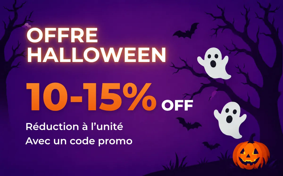 Offre Halloween à l’unité : 10 à 15 % de réduction avec un code promo, avec des fantômes blancs et une citrouille illuminée sur fond violet.