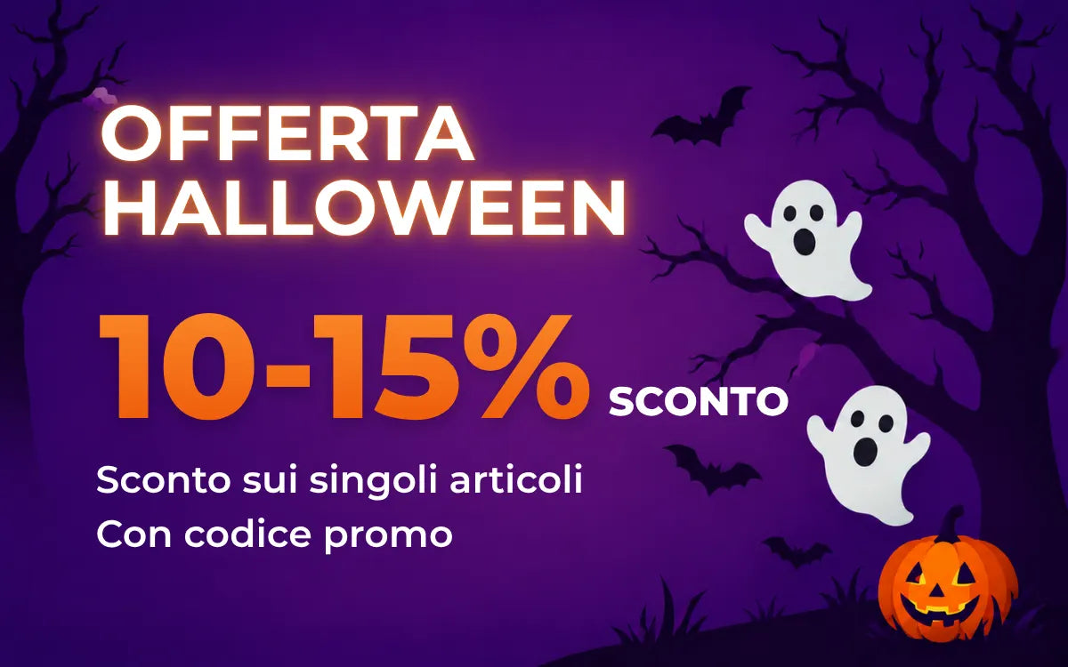 Offerta Halloween sui singoli articoli: sconto del 10–15% con codice promozionale, con fantasmi bianchi e una zucca illuminata su sfondo viola.