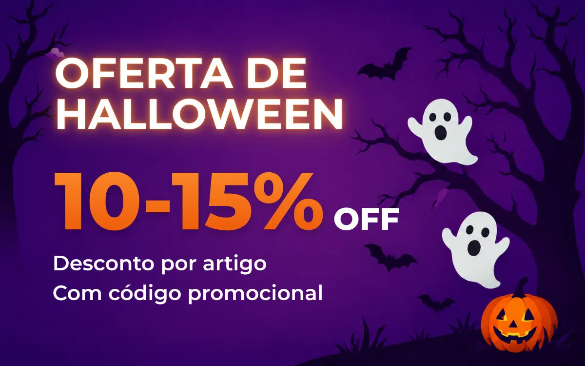 Oferta de Halloween por item: de 10% a 15% de desconto com cupom, com fantasmas brancos e uma abóbora iluminada sobre fundo roxo.