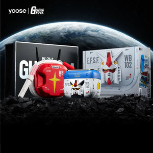 Yoose × Gundamシェーバー購入特典のガンダム洗面バッグ、ネックレス、ラゲッジタグ。数量限定