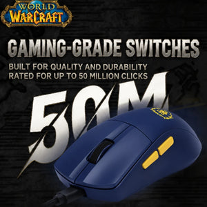 Alliance Blue World of Warcraft YGK01 mouse highlighting switches rated for up to 50 million clicks.