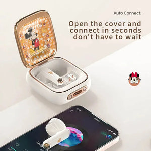 Disney character earbuds with open-lid automatic connection