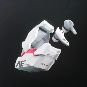 White Gundam Unicorn RX-0 earbuds and open armor charging case