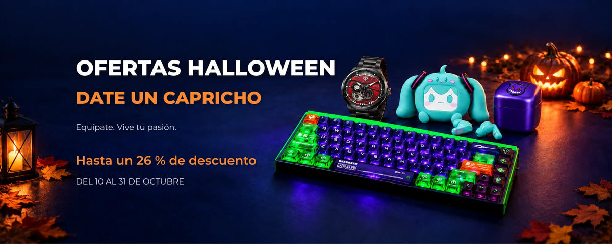 Ofertas de Halloween del 10 al 31 de octubre: hasta un 26 % de descuento. Teclado EVA-01, reloj Zaku, auriculares Hatsune Miku y afeitadora Gengar junto a calabazas iluminadas.