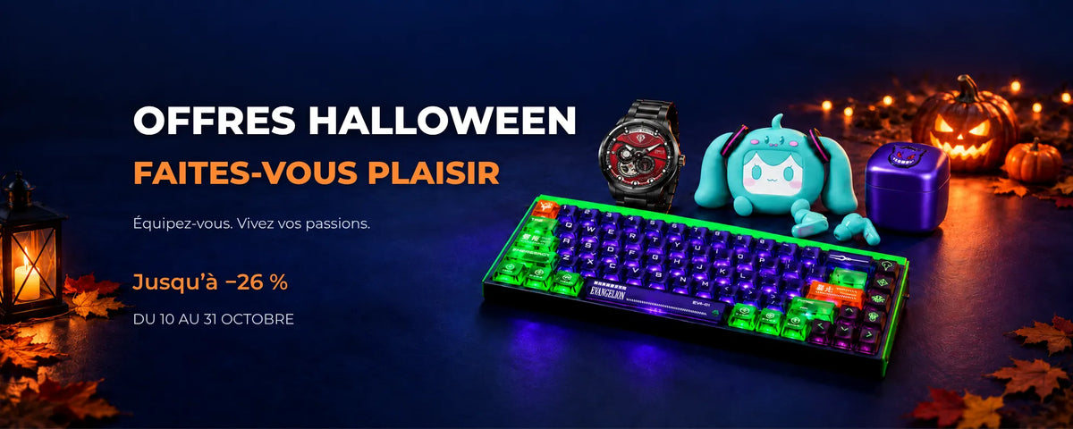 Offres Halloween du 10 au 31 octobre : jusqu’à 26 % de réduction. Clavier EVA-01, montre Zaku, écouteurs Hatsune Miku et rasoir Ectoplasma près de citrouilles illuminées.