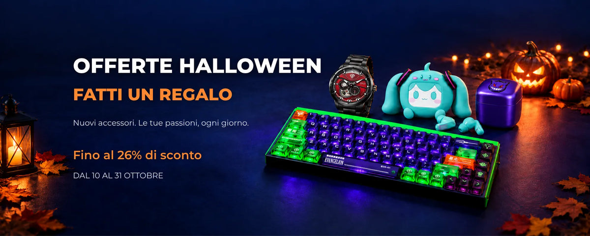 Offerte Halloween dal 10 al 31 ottobre: fino al 26% di sconto. Tastiera EVA-01, orologio Zaku, auricolari Hatsune Miku e rasoio Gengar accanto a zucche illuminate.