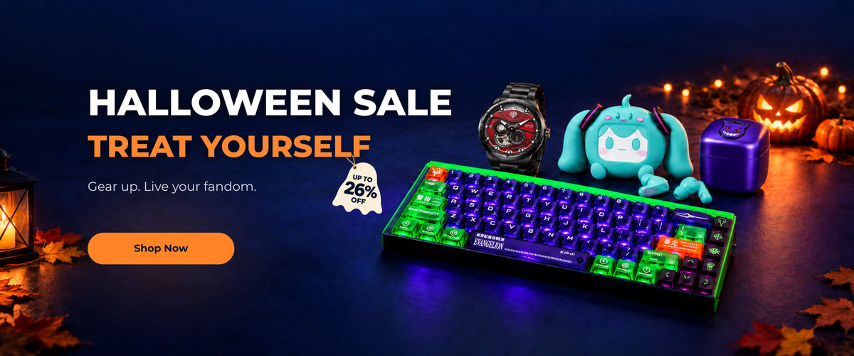 Shop the Halloween sale and save up to 26%. EVA-01 keyboard, Zaku watch, Hatsune Miku earbuds and Gengar shaver beside glowing pumpkins.