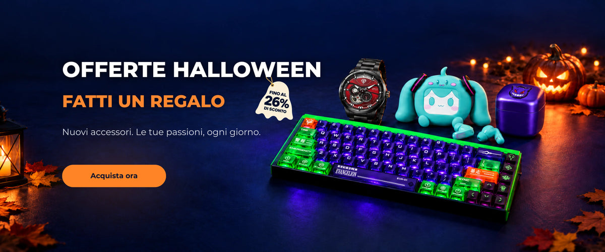 Acquista le offerte Halloween con sconti fino al 26%. Tastiera EVA-01, orologio Zaku, auricolari Hatsune Miku e rasoio Gengar accanto a zucche illuminate.