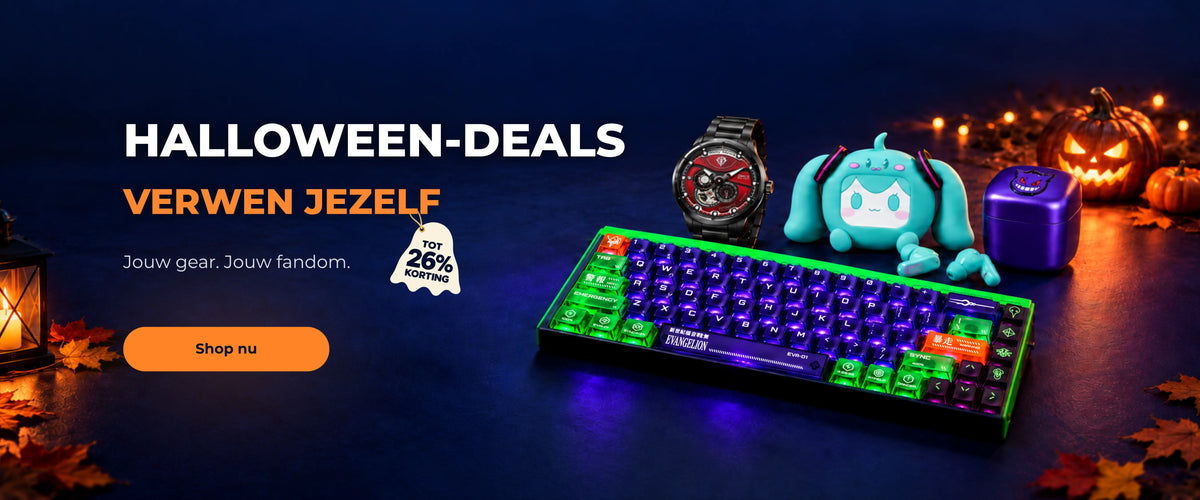 Shop de Halloween-aanbiedingen met tot 26% korting. EVA-01-toetsenbord, Zaku-horloge, Hatsune Miku-oordopjes en Gengar-scheerapparaat naast verlichte pompoenen.