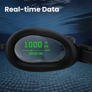 Holoswim 2 Pro goggles displaying real-time distance, pace and swim metrics