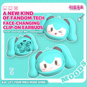 Three switchable Hatsune Miku expressions on the MKB06 charging case, including an open view of the clip-on earbuds.