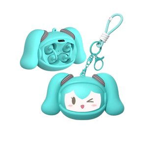 Green LUXUB Hatsune Miku MKB06 clip-on earbuds with an open and closed face-changing case and anti-loss lanyard.