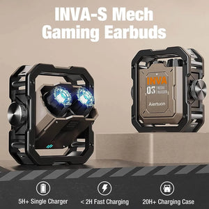 Fones gamer INVA-S Mech com estojo de carregamento futurista e luzes de LED sobre fundo bege