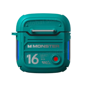 Estojo robusto verde-azulado para fones sem fio, com detalhes metálicos e logotipo MONSTER