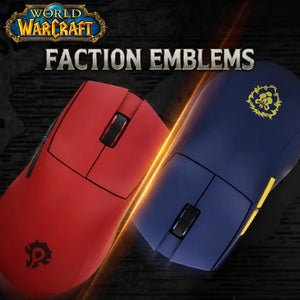 Angled red Horde and blue Alliance World of Warcraft YGK01 mice showing their faction emblems.