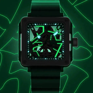 Black Fortune Mahjong watch with luminous green character dial