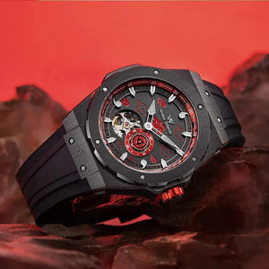 Close-up of the Itachi Uchiha skeleton mechanical watch