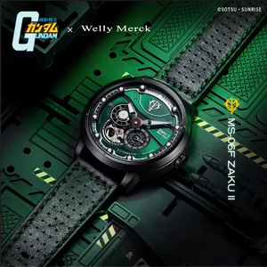 Green MS-06F Zaku II mechanical watch with leather strap