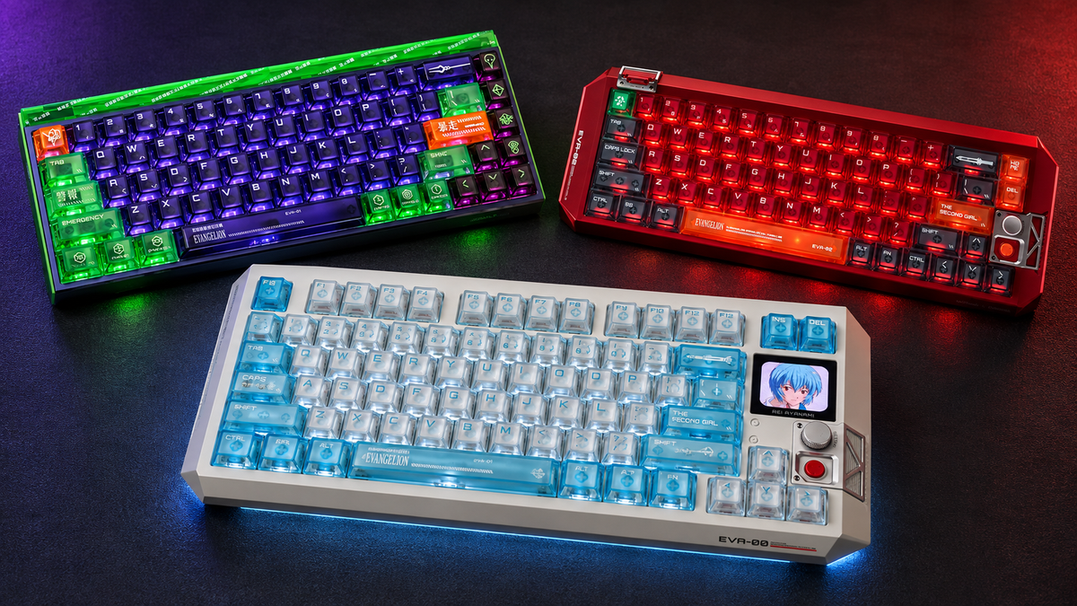 MelGeek EVA-01 MADE68 Ultra+, Asuka CENTAURI60 and Rei CENTAURI80 keyboards on a dark desktop