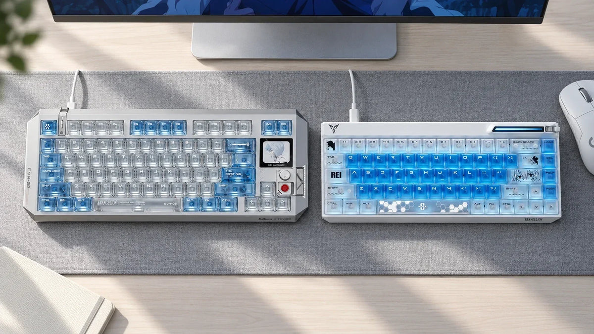 MelGeek CENTAURI80 and Flydigi FS68 Rei Ayanami keyboards side by side on a gray desk mat