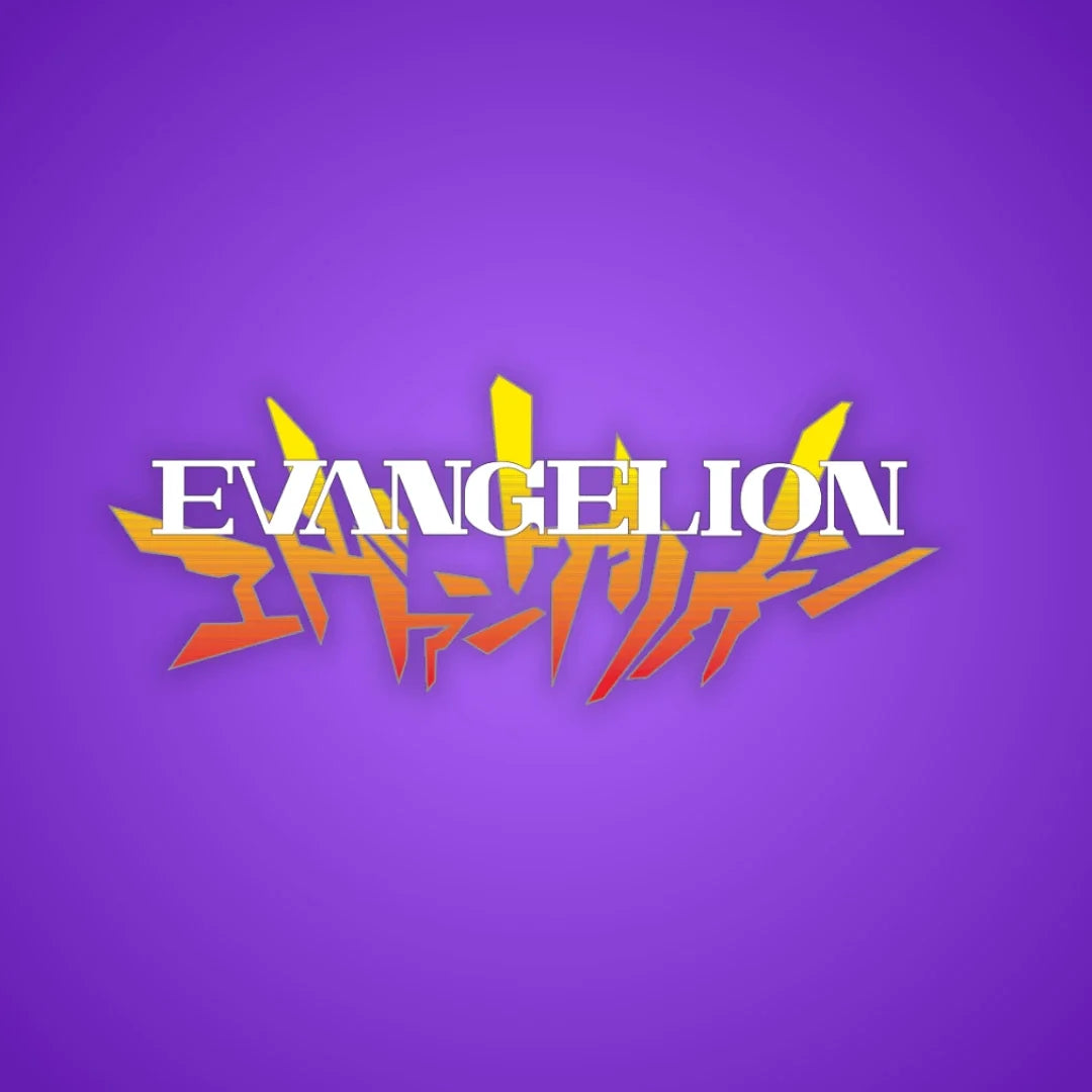 Evangelion stylized logo with yellow and orange text on a purple background