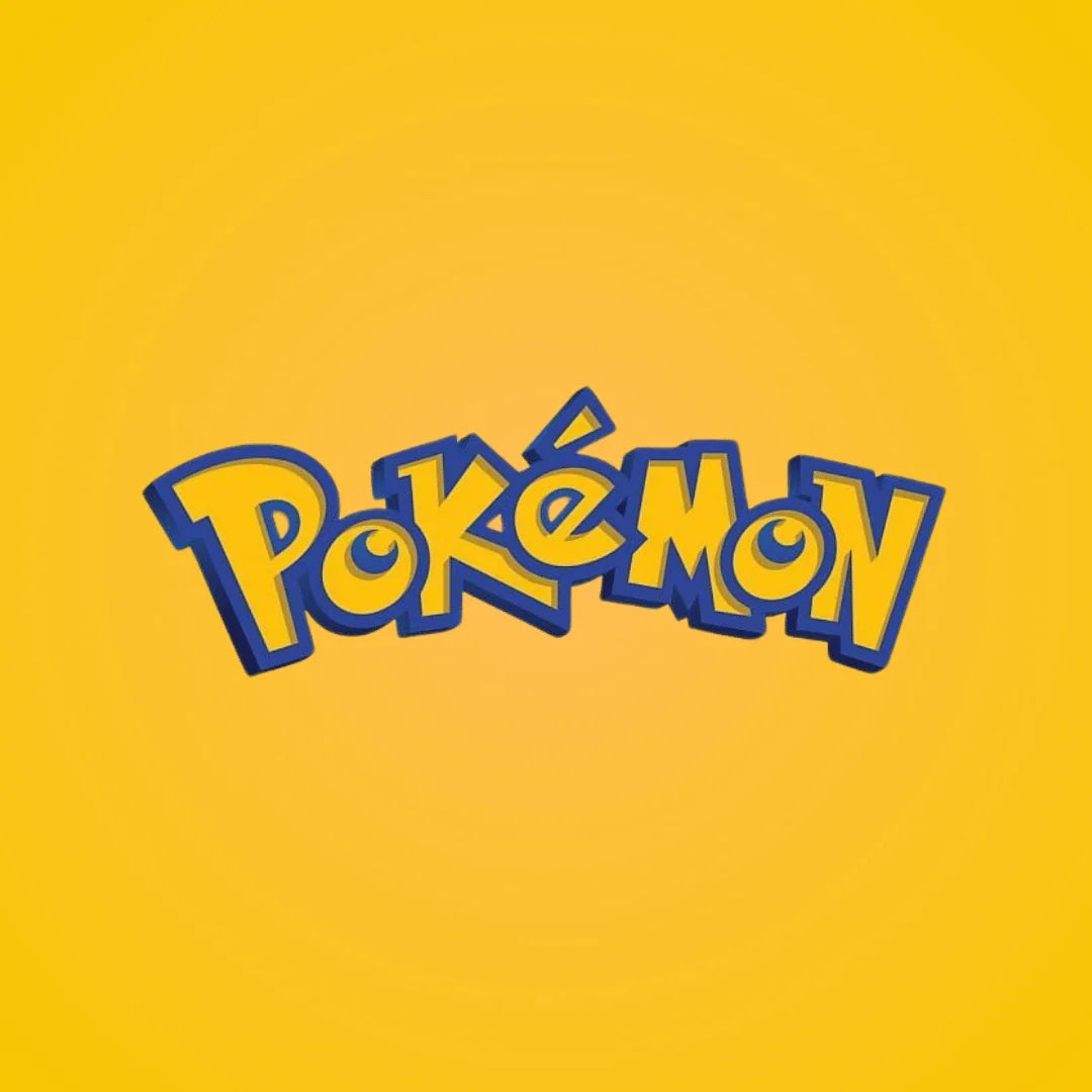 Pokemon logo in bold yellow and blue letters on a solid yellow background