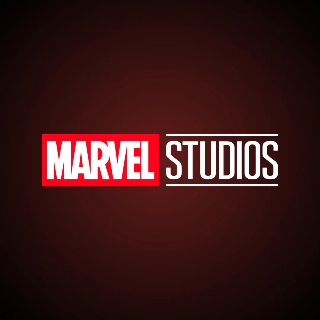 Marvel Studios logo with bold white text on a dark red gradient background