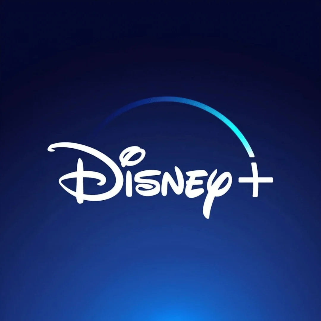 Disney Plus logo with stylized text and blue arc on dark blue background.