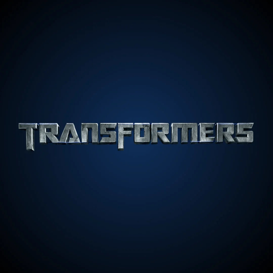 Transformers metallic logo text on a dark blue gradient background