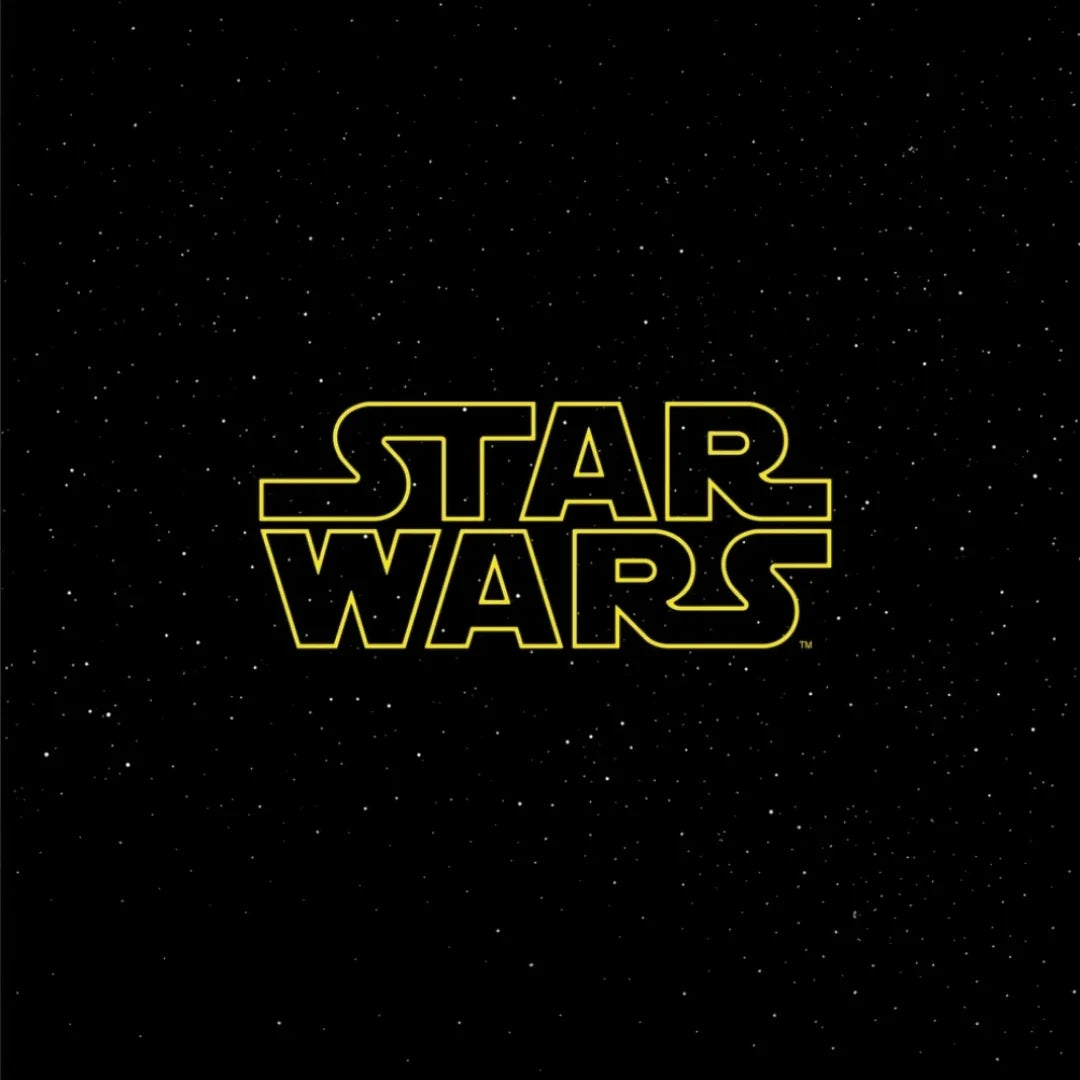 Star Wars yellow outlined text logo on a black starry space background