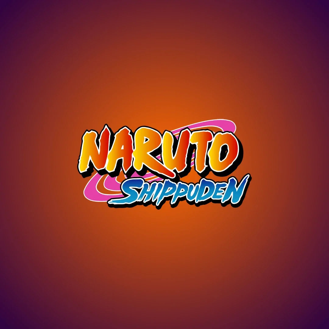 Naruto Shippuden logo with bold colorful text on an orange gradient background