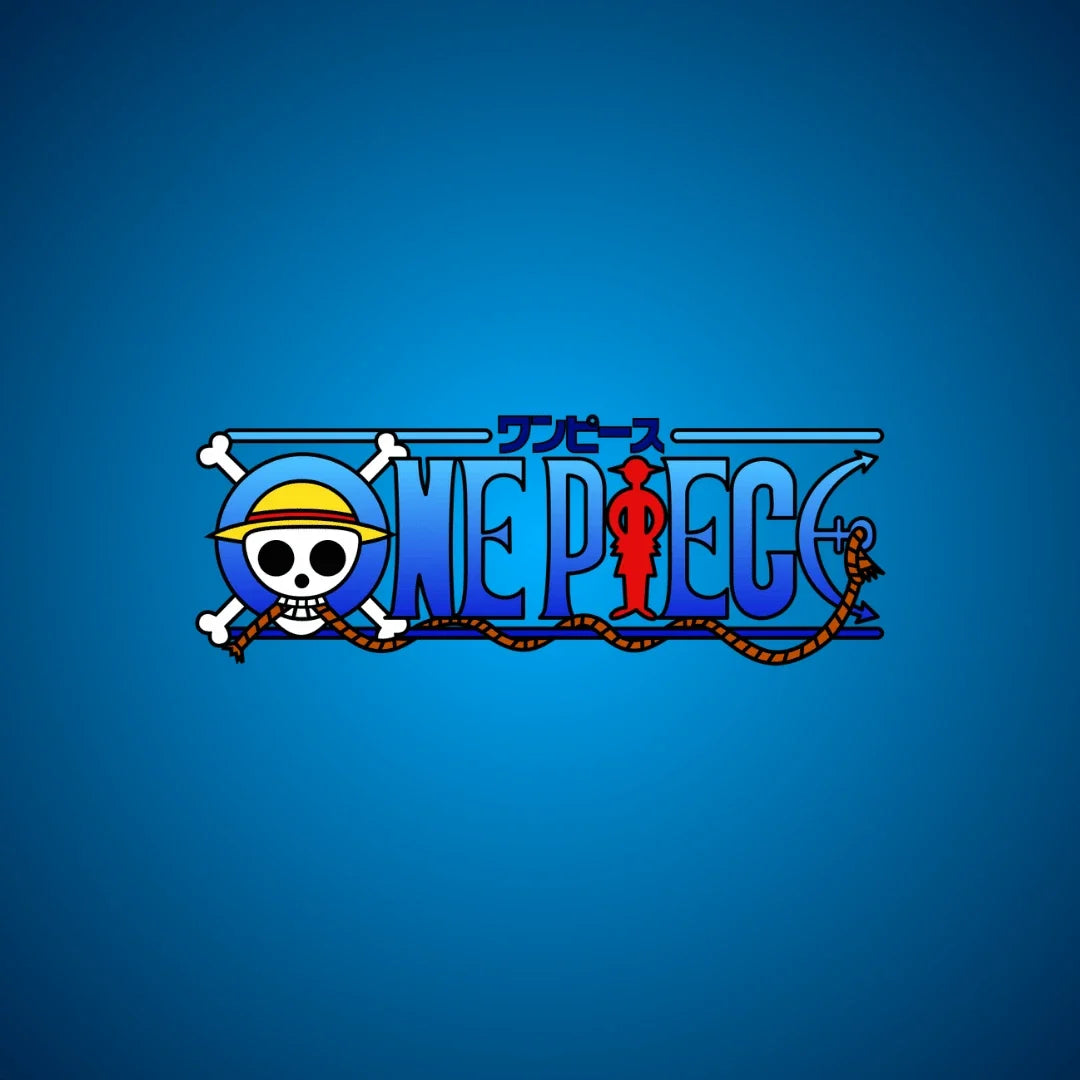 One Piece anime logo with pirate skull and straw hat on blue background