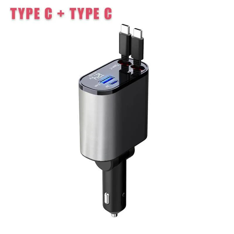 듀얼 Type-C 케이블과 USB 포트가 있는 4-in-1 케이블 일체형 차량용 충전기
