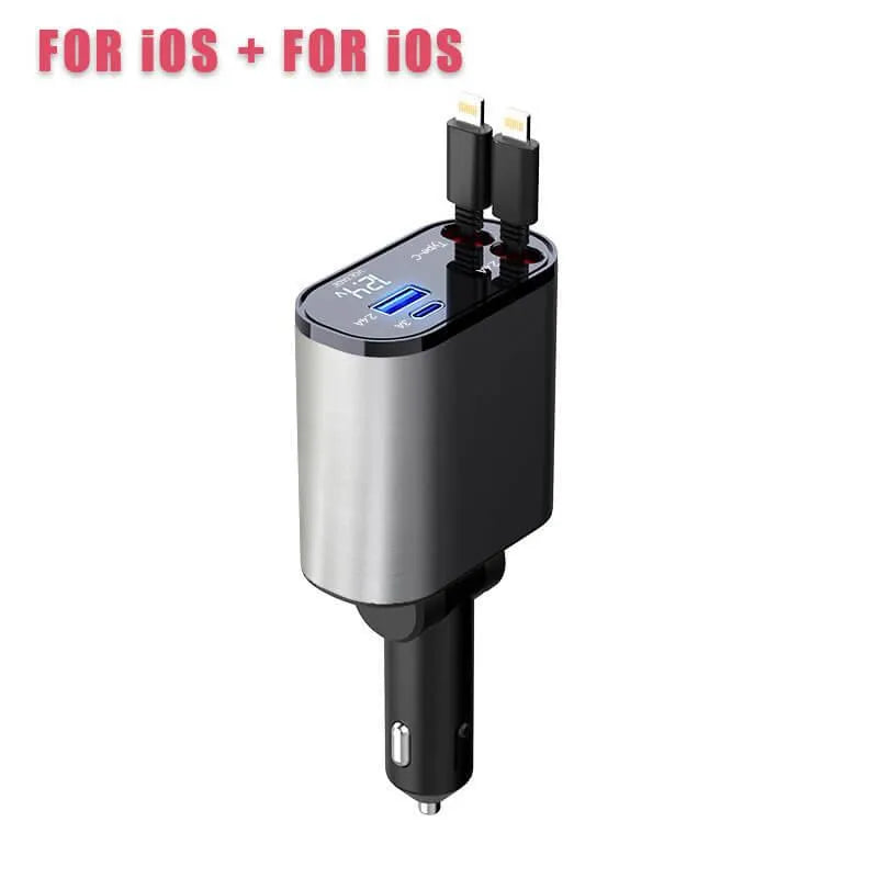 듀얼 iOS 케이블과 USB 포트가 있는 4-in-1 케이블 일체형 차량용 충전기