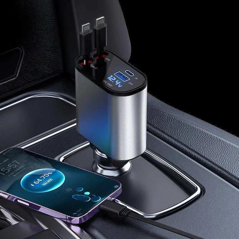 4-in-1 retractable car charger with digital display charging a smartphone in a car interior