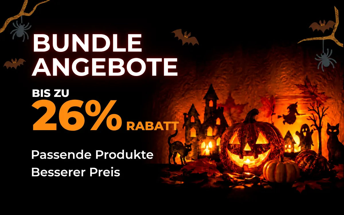 Halloween-Bundle-Angebote: bis zu 26 % Rabatt auf passende Produkte, mit leuchtenden Kürbissen und einem Spukschloss.
