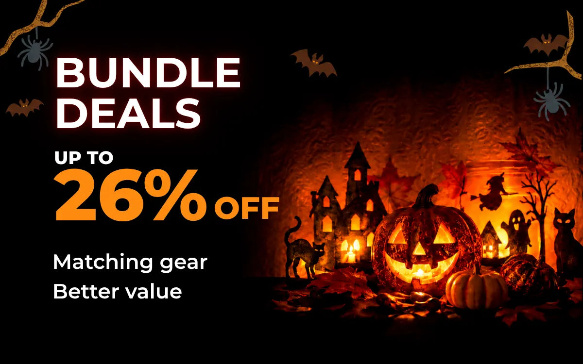 Halloween bundle deals: save up to 26% on matching gear, with glowing pumpkins and a haunted castle.