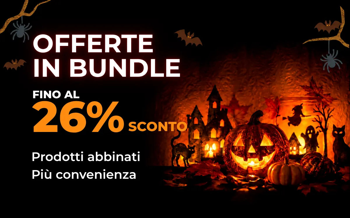 Offerte Halloween in bundle: fino al 26% di sconto su prodotti abbinati, con zucche illuminate e un castello stregato.