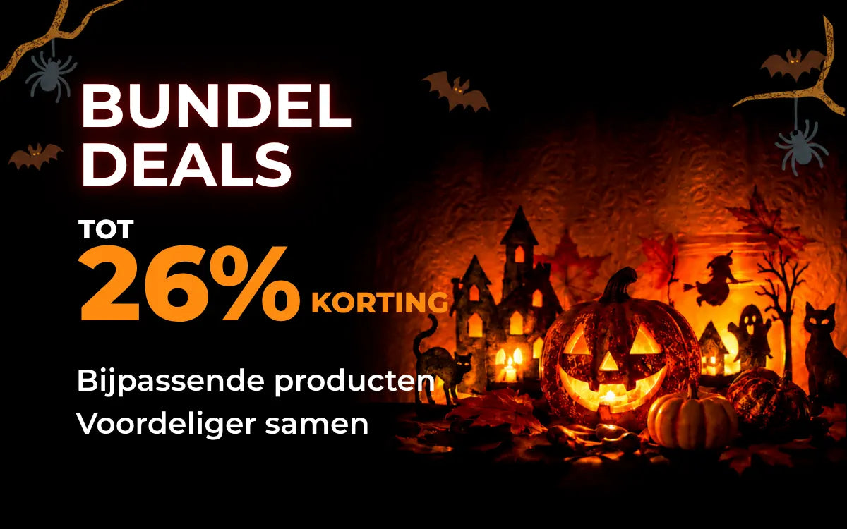 Halloween-bundeldeals: tot 26% korting op bijpassende producten, met verlichte pompoenen en een spookkasteel.
