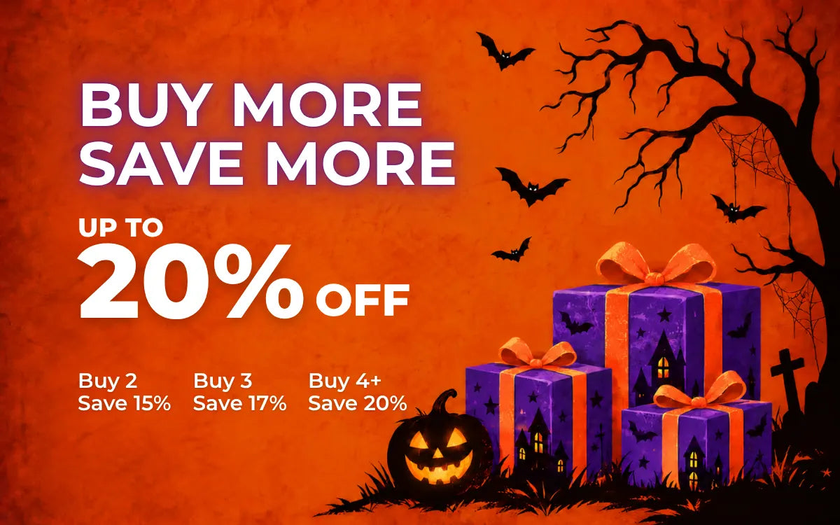 Halloween buy-more offer: buy 2 and save 15%, buy 3 and save 17%, or buy 4 or more and save 20%, with purple gift boxes.