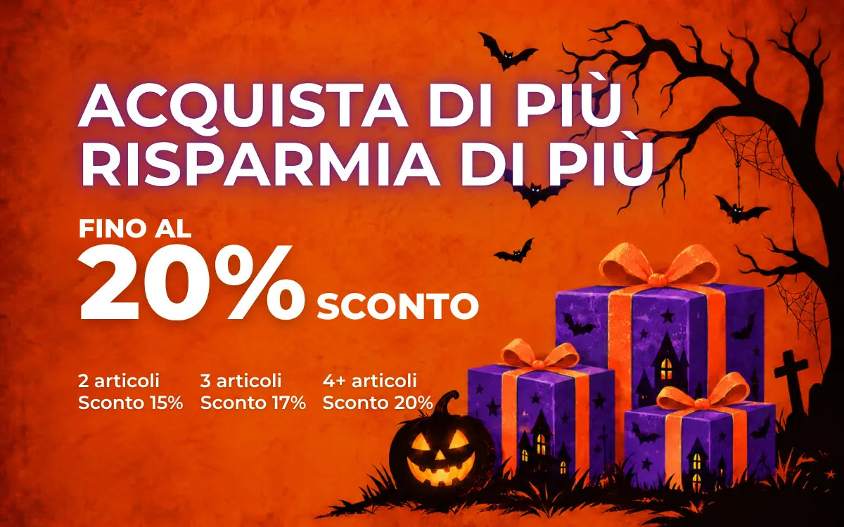 Offerta Halloween: acquista 2 articoli e risparmia il 15%, 3 e risparmia il 17%, oppure 4 o più e risparmia il 20%, con confezioni regalo viola.
